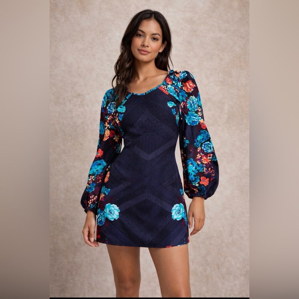Womens Floral‎ Mini Dress Small | Navy Balloon Sleeve Dress | Tie Back